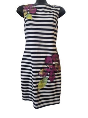 Cache Black/White Striped Floral Sheath Dress Sleeveless Stretch Lined Zip 8 F18
